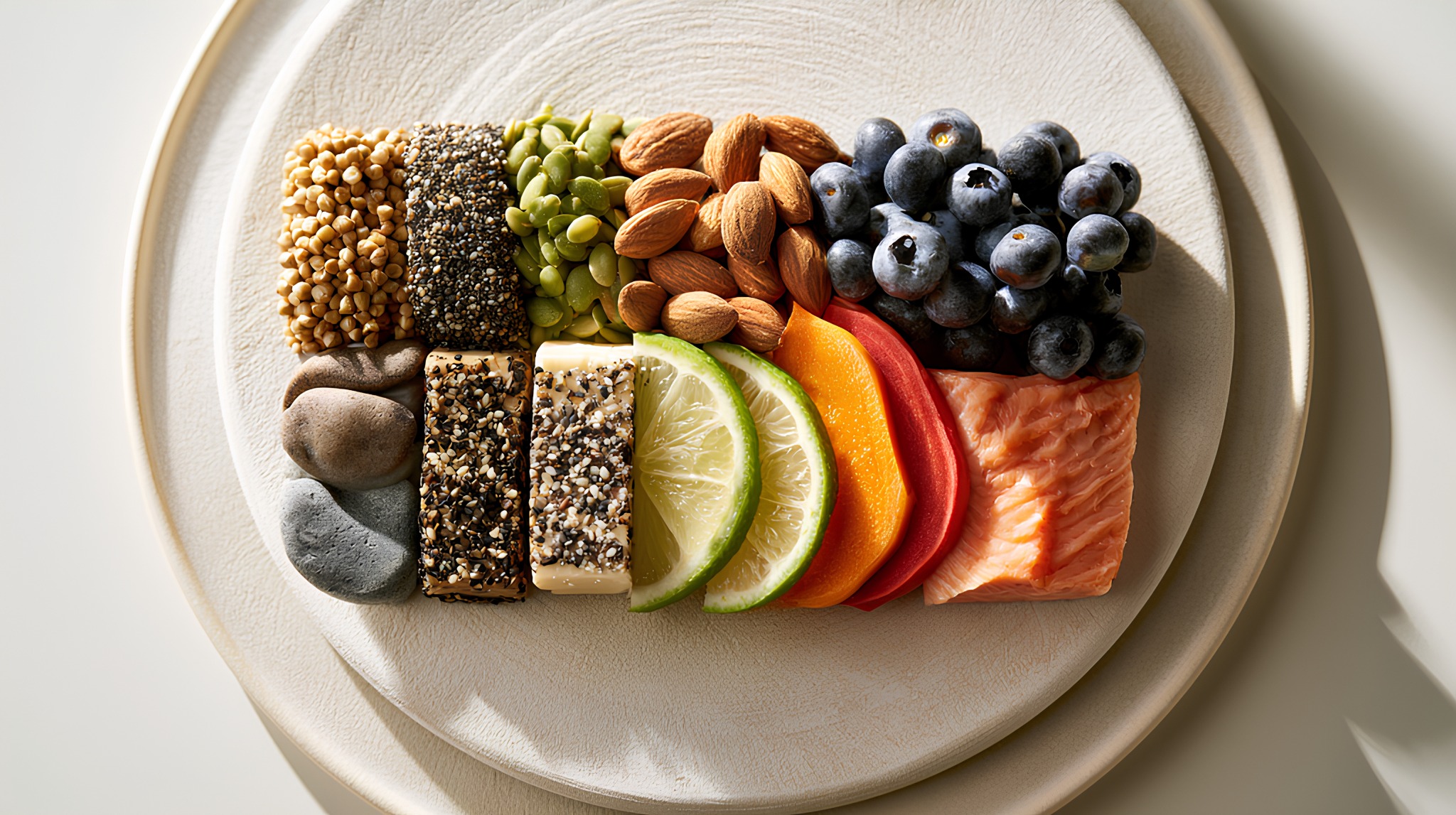 A neatly arranged plate of blueberries, almonds, seeds, citrus, red pepper and salmon